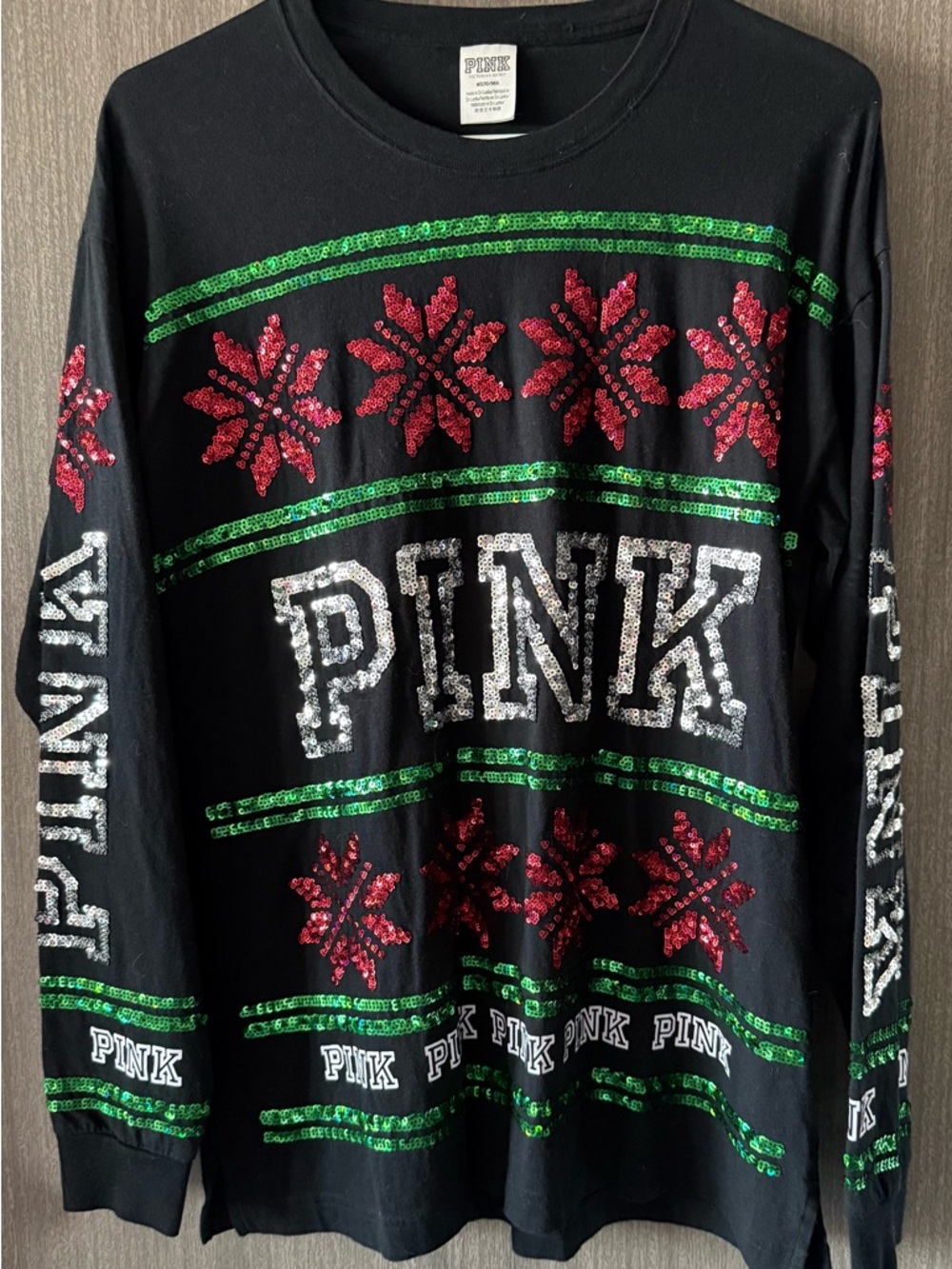 PINK Victoria's Secret Black Sequin Holiday Long Sleeve Tee